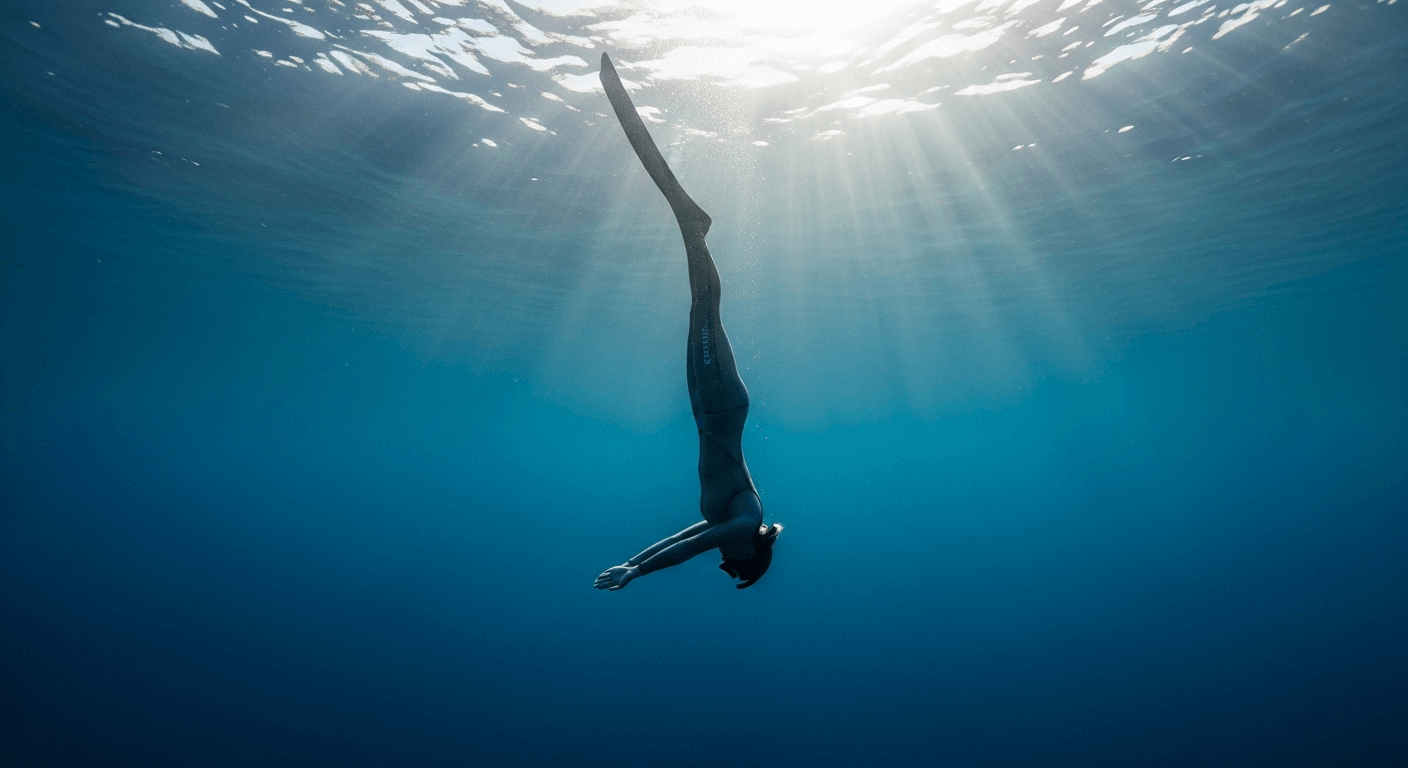 Un apneísta flota en la superficie del mar en calma, visto desde debajo del agua, mientras se prepara para una inmersión profunda bajo la luz del sol.