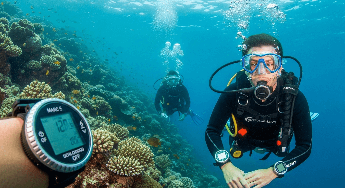Buceador mirando con preocupación la alarma de su ordenador de buceo bajo el agua.