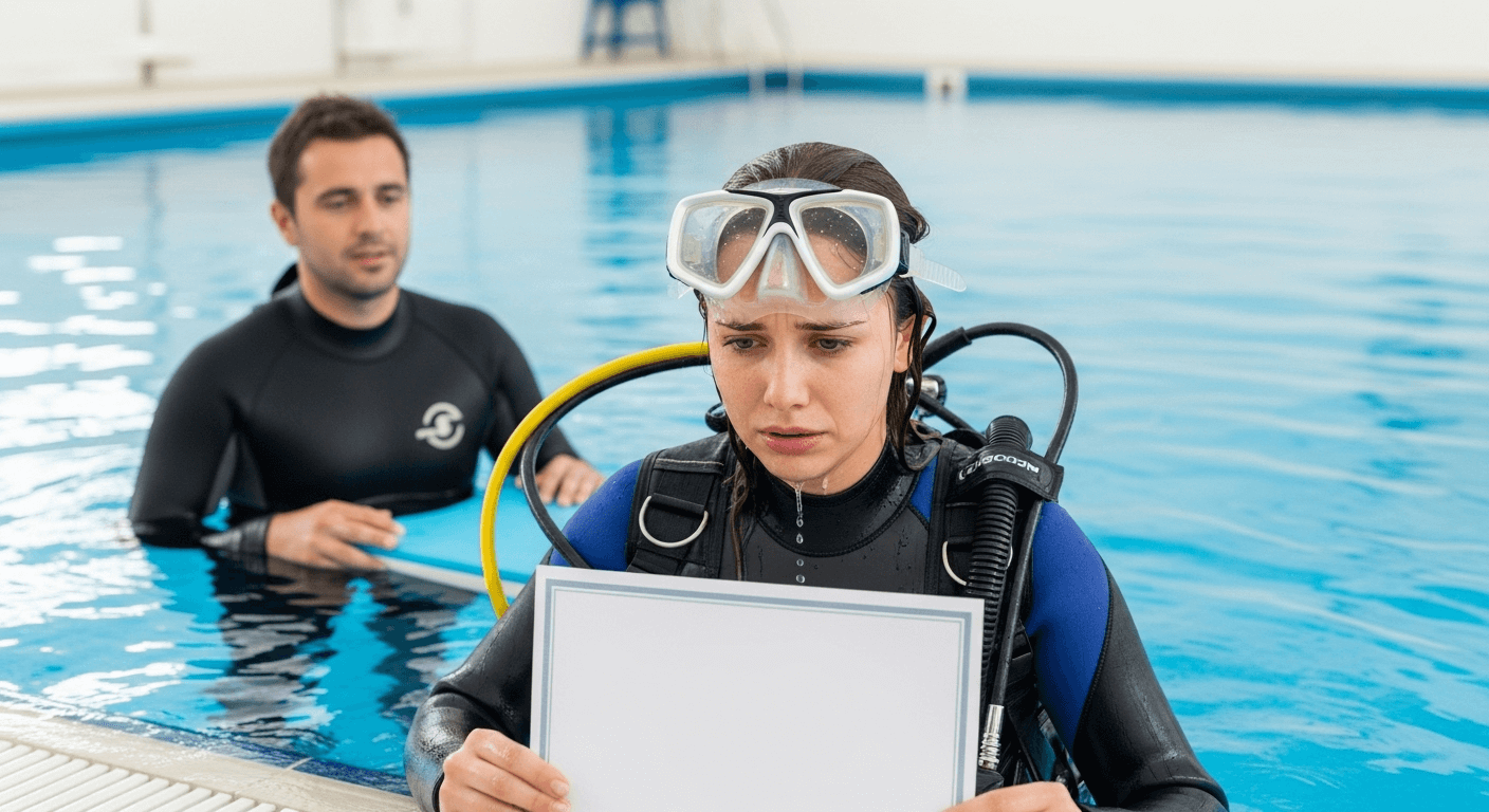 Mujer decepcionada mirando un certificado de buceo sin validez en su móvil.