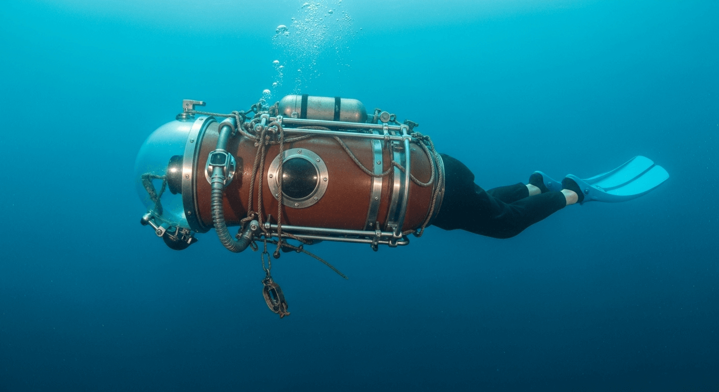 Un historiador examina una antigua carta de navegación, con el icono de un casco de buceo Siebe superpuesto, simbolizando la invención del buceo moderno.