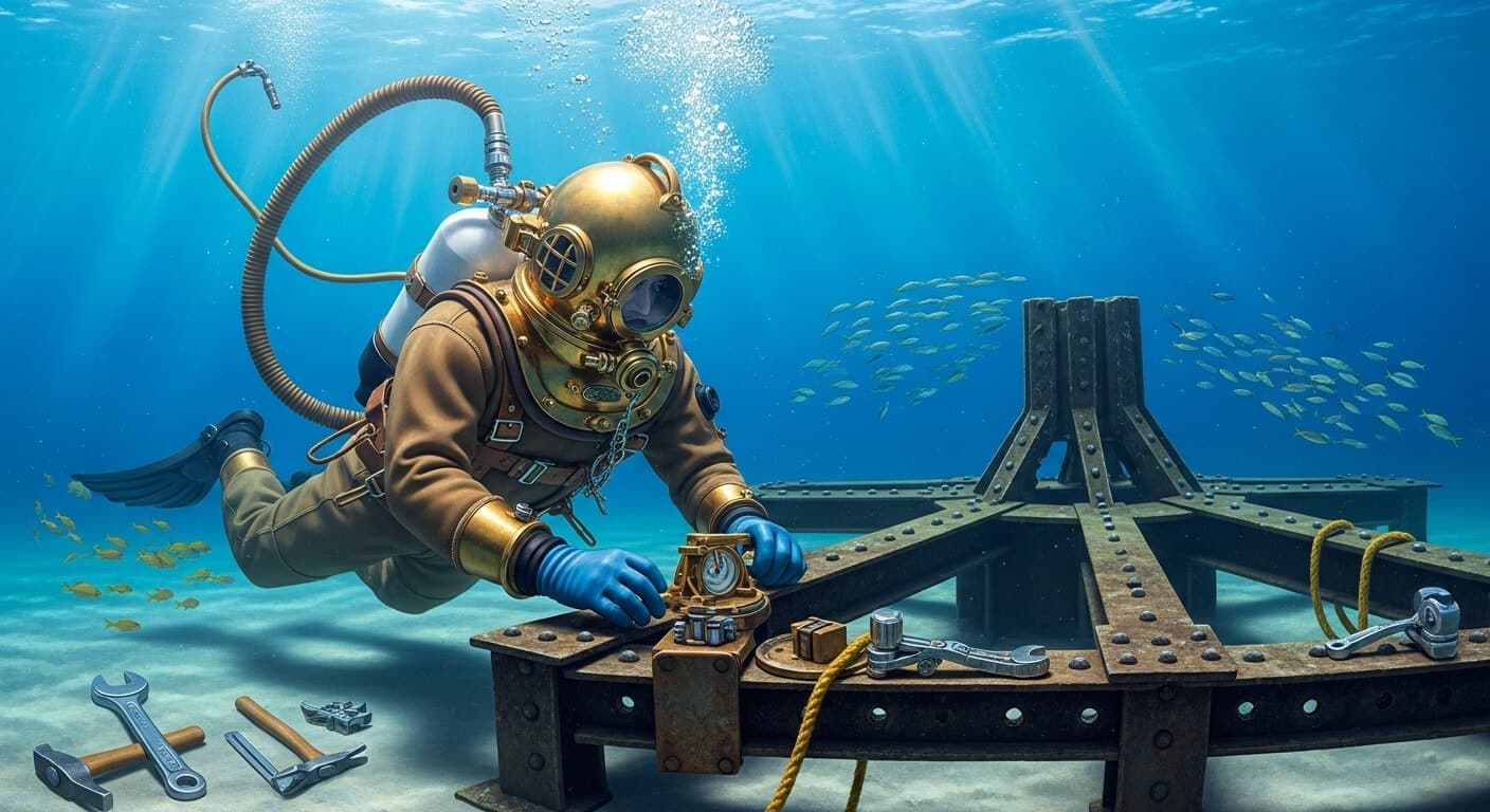Una arqueóloga examina un antiguo astrolabio recuperado del mar, simbolizando la conexión entre la historia del buceo y la búsqueda de tesoros.
