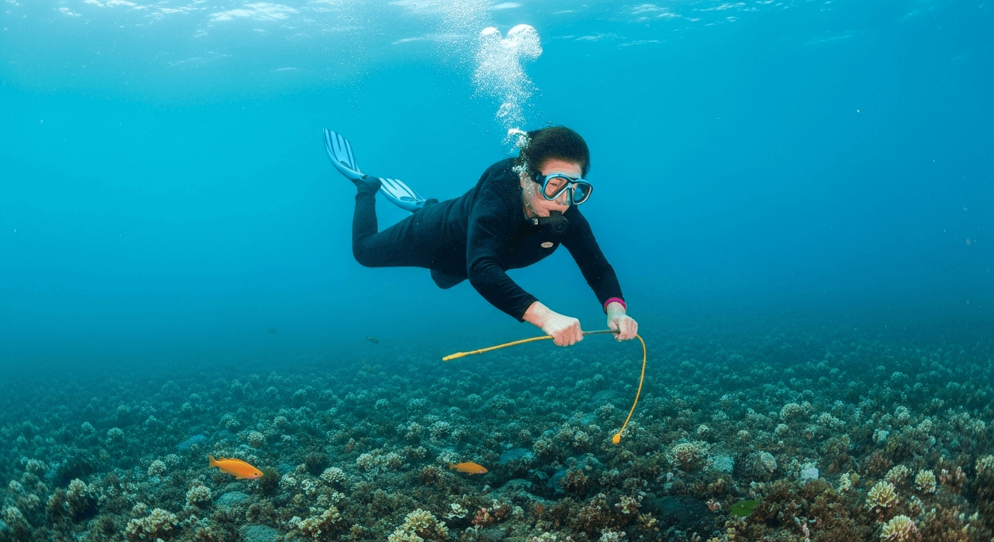 Una arqueóloga contempla dos tesoros del mar: una concha de abulón y una moneda de oro española, representando las dos caras de la obsesión humana.