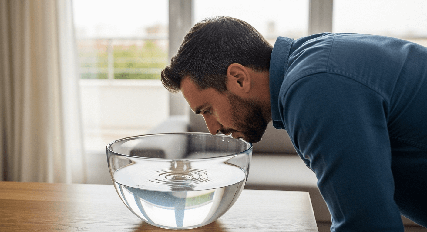 Hombre a punto de sumergir su cara en un cuenco de agua fría para activar el reflejo de inmersión mamífero.