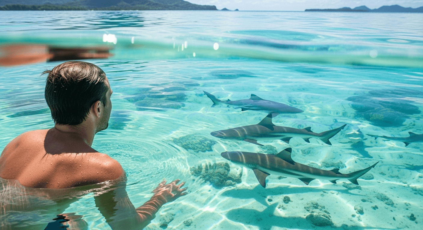 Vista sobre el hombro de un hombre observando fascinado a tiburones de punta negra nadando en las aguas turquesas de Tahití.